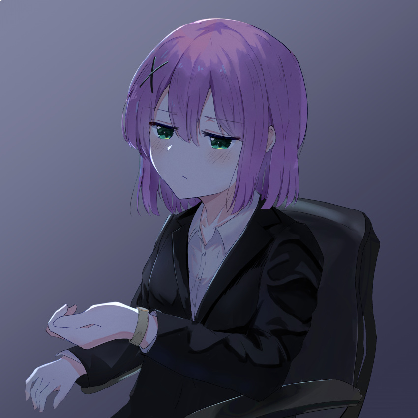 1girl :/ absurdres black_suit chair chiyoda_momo closed_mouth collared_shirt green_eyes grey_background hair_ornament highres long_sleeves looking_at_watch machikado_mazoku office_chair pink_hair shirt short_hair simazuzuzuzu sitting solo suit swivel_chair watch white_shirt wristwatch x_hair_ornament