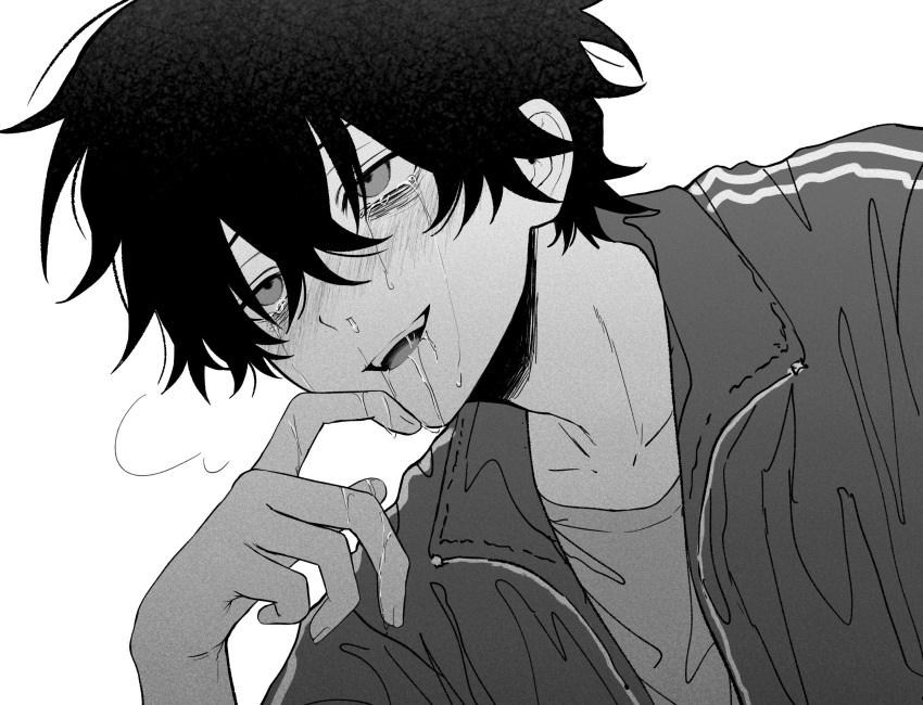 1boy blush crying crying_with_eyes_open greyscale hair_between_eyes highres imai_akira jacket male_focus monochrome open_clothes open_jacket open_mouth original runny_makeup saliva shirt simple_background solo tears teeth track_jacket upper_body upper_teeth_only