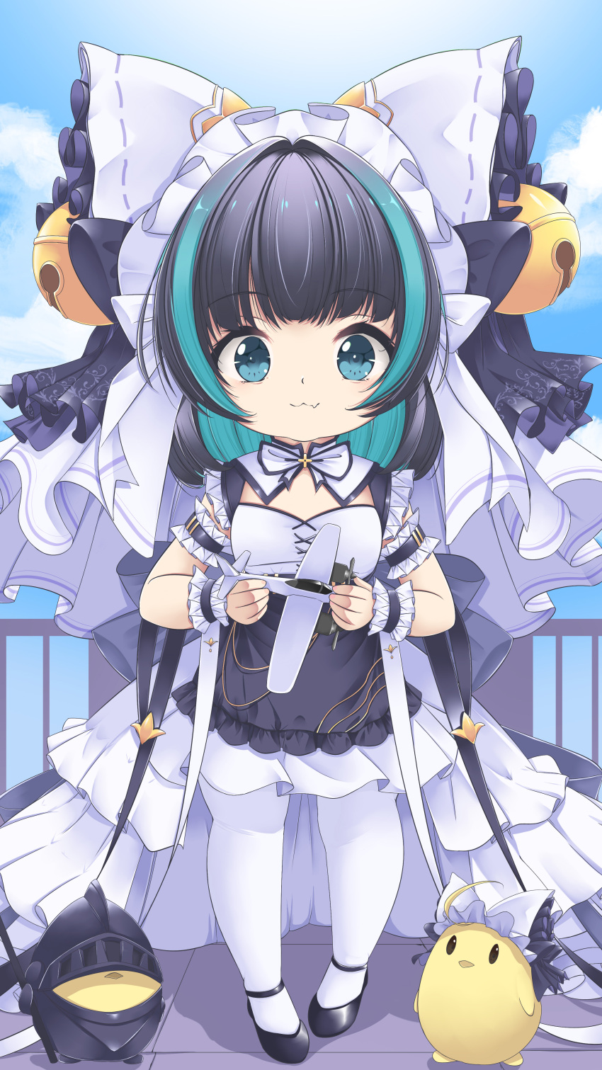 1girl absurdres aged_down aqua_eyes aqua_hair arm_strap azur_lane bell black_footwear black_hair bow bowtie cheshire_(azur_lane) cloud colored_inner_hair dress fang frilled_dress frills hair_bell hair_ornament helmet high-low_skirt highres holding holding_toy maid maid_headdress manjuu_(azur_lane) multicolored_hair pantyhose railing shadow skin_fang skirt sky streaked_hair toy toy_airplane two-tone_dress white_bow white_bowtie white_pantyhose white_skirt zhu_guan_ye