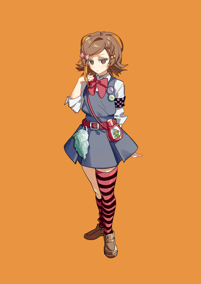 1girl absurdres arms_behind_back asymmetrical_legwear badge belt blush bow bowtie braid brown_eyes brown_footwear brown_hair button_badge chi_ya closed_mouth grey_skirt highres legs_together looking_to_the_side makishima_haru orange_background purple_armband raging_loop red_belt red_bow red_bowtie school_uniform short_hair side_braid skirt solo standing striped_clothes striped_thighhighs thighhighs
