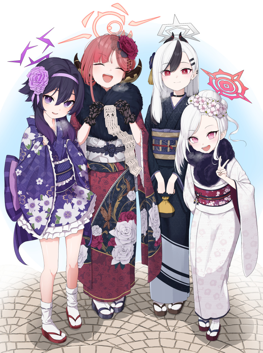 4girls absurdres aru_(blue_archive) aru_(new_year)_(blue_archive) black_choker black_hair black_horns black_kimono blue_archive blush choker closed_mouth demon_horns floral_print flower fur-trimmed_kimono fur_trim grey_hair grey_halo hair_between_eyes hair_flower hair_ornament hairband halo haruka_(blue_archive) haruka_(new_year)_(blue_archive) highres horns hotta_karasi japanese_clothes kayoko_(blue_archive) kayoko_(new_year)_(blue_archive) kimono long_hair long_sleeves medium_hair multiple_girls mutsuki_(blue_archive) mutsuki_(new_year)_(blue_archive) obi official_alternate_costume open_mouth pavement pink_eyes pink_flower pink_hair pink_halo pointy_ears print_kimono purple_eyes purple_flower purple_hair purple_hairband purple_halo purple_kimono red_eyes red_flower red_halo red_kimono sash sett smile socks v white_kimono white_socks wide_sleeves zouri