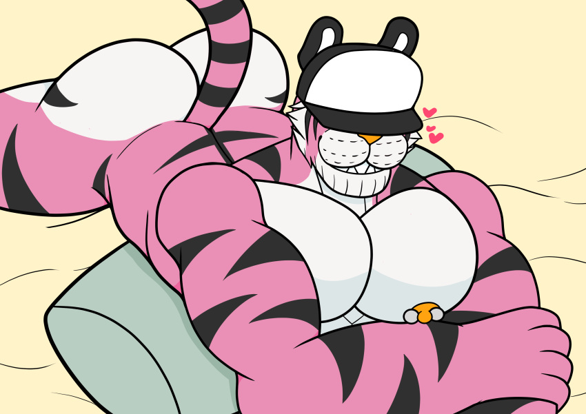 3loy absurd_res anthro bed biceps butt digital_media_(artwork) felid fur furniture hi_res looking_at_viewer lying male mammal muscular muscular_anthro muscular_male nipple_piercing nipples nude on_front pantherine pecs piercing seductive simple_background smile solo solo_focus stripes tail tiger