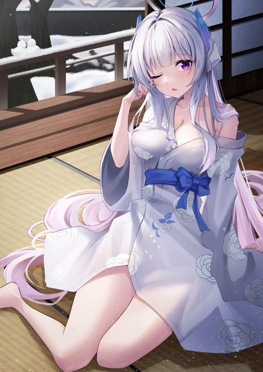 1girl absurdres blue_archive blush breasts cleavage floral_print grey_hair halo hidel highres indoors japanese_clothes kimono large_breasts long_hair long_sleeves looking_at_viewer mechanical_halo noa_(blue_archive) one_eye_closed open_mouth print_kimono purple_eyes shouji sitting sliding_doors solo tatami white_kimono wide_sleeves yokozuwari