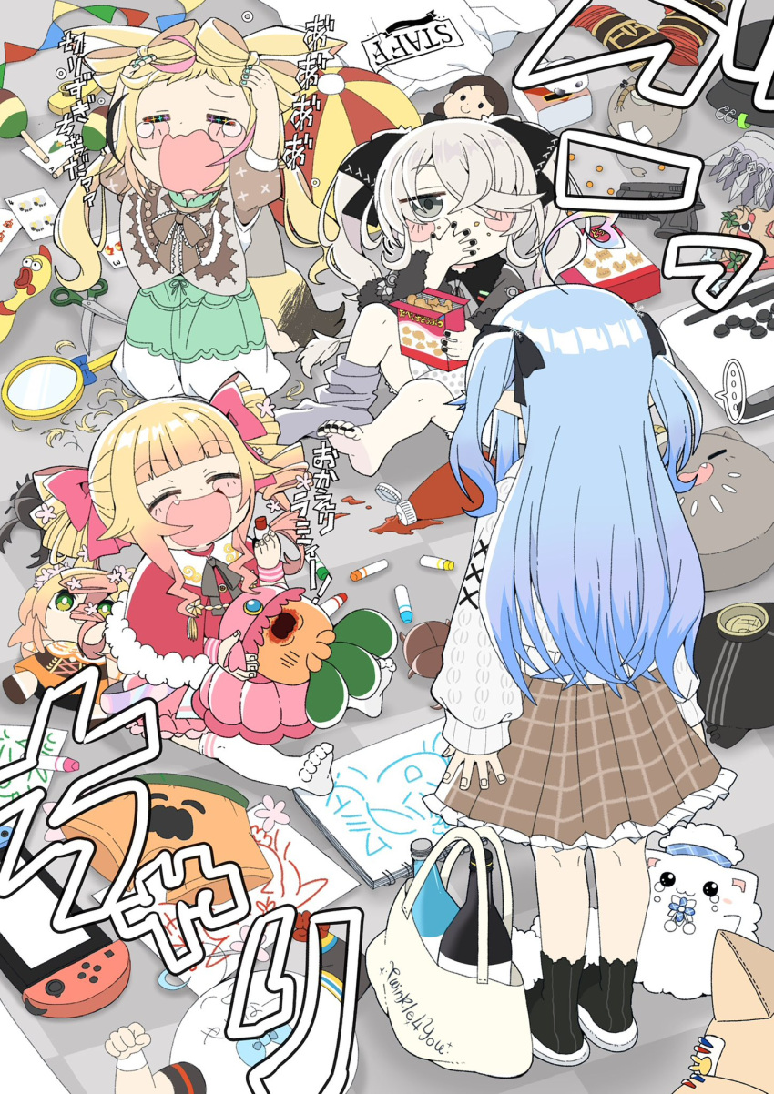4girls ^_^ aged_down ahoge alternate_costume animal_crackers arms_at_sides bag barefoot black_nails black_ribbon black_socks blonde_hair blue_hair blush_stickers bow brown_skirt card cardigan character_doll child child's_drawing closed_eyes commentary_request cosmetics crying daifuku_(yukihana_lamy) drill_hair eating fang fox_tail full_body green_skirt grey_eyes gun hair_bow hair_over_one_eye hair_ribbon heart heart_ahoge highres holding holding_lipstick_tube hololive indoors ketchup ketchup_bottle lipstick_tube long_hair long_sleeves looking_at_another messy_room momosuzu_nene multicolored_hair multiple_girls nail_polish nekko_(momosuzu_nene) nintendo_switch no_shoes official_alternate_costume omaru_polka omaru_polka_(3rd_costume) on_floor one_eye_covered open_mouth pink_hair plaid plaid_skirt playing_card ribbon rubber_chicken scissors shishiro_botan shopping_bag sitting skirt socks ssrb_(shishiro_botan) standing streaked_hair string_of_flags tada_no_shika tail toenail_polish toenails translation_request twin_drills two_side_up unworn_shirt virtual_youtuber weapon white_cardigan white_socks yukihana_lamy yukihana_lamy_(casual)