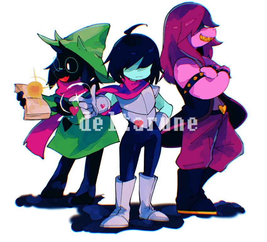 1boy 1girl 1other :d :| ahoge androgynous ankle_boots aqua_skin arm_behind_back armlet armor blue_footwear blue_hair blue_pants book boots bracelet breastplate cape closed_mouth colored_skin commentary copyright_name covered_eyes crossed_arms deltarune dress expressionless finger_gun from_side full_body furry furry_female furry_male gauntlets glasses greaves green_dress green_headwear grin hair_over_eyes hat heart highres holding holding_book jewelry kris_(deltarune) medium_hair open_mouth outstretched_arm pants pauldrons pink_cape pink_scarf pink_skin purple_hair purple_pants ralsei round_eyewear scarf shaded_face sharp_teeth short_hair shoulder_armor simple_background smile sonokare spiked_armlet spiked_bracelet spikes standing susie_(deltarune) teeth white_background witch_hat yellow_teeth