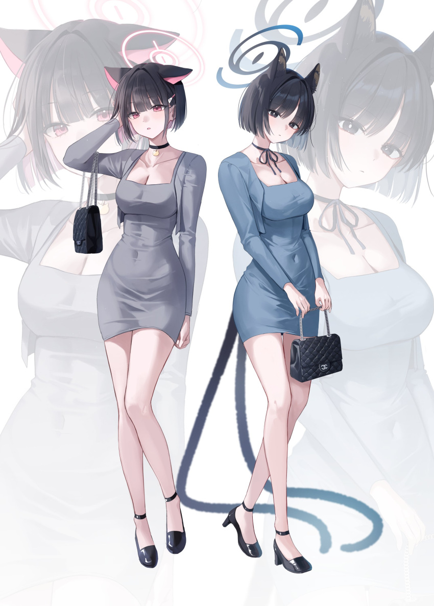 2girls absurdres alternate_costume animal_ears bag black_eyes black_footwear black_hair blue_archive blue_dress blue_halo breasts cat_ears cat_tail cleavage closed_mouth collarbone colored_inner_hair dongtan_dress dress grey_dress halo high_heels highres holding holding_bag kazusa_(blue_archive) kikyou_(blue_archive) long_sleeves meme_attire multicolored_hair multiple_girls multiple_tails myowa open_mouth pink_hair pink_halo red_eyes short_hair simple_background tail two_tails white_background zoom_layer