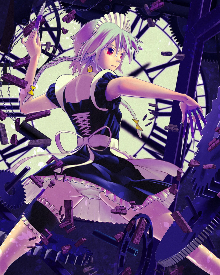 1girl bare_back black_dress bow braid chain clock clock_tower closed_mouth dress earrings frilled_dress frills g-taro gears hair_bow highres izayoi_sakuya jewelry knife looking_to_the_side maid maid_headdress panties pantyshot red_eyes short_hair solo spread_legs throwing_knife touhou tower twin_braids underwear weapon white_panties yellow_bow