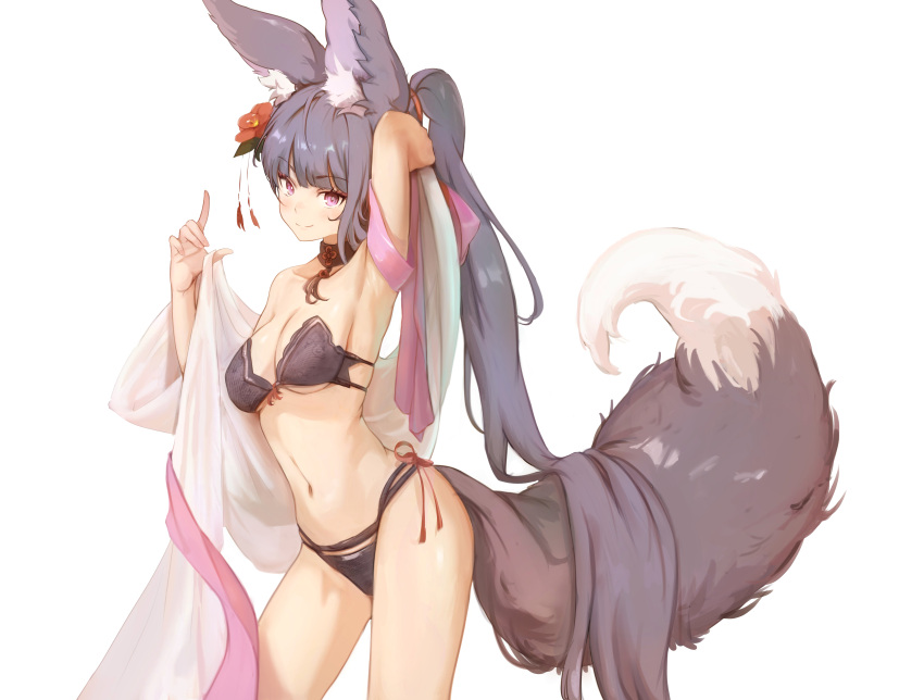 1girl absurdres animal_ears arm_behind_back bare_shoulders bell bikini black_hair breasts erune fox_ears fox_tail granblue_fantasy hair_ornament hand_up highres long_hair looking_at_viewer papon ponytail purple_eyes shawl solo swimsuit tail very_long_hair yuel_(granblue_fantasy)