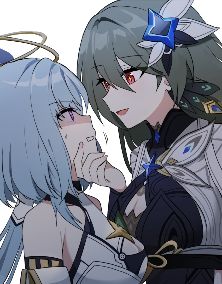 2girls assertive_female black_dress blue_hair breasts cleavage cleavage_cutout clothing_cutout detached_sleeves dress earrings griseo griseo_(cosmic_expression) hair_between_eyes hand_on_another's_chin height_difference highres honkai_(series) honkai_impact_3rd jewelry large_pectorals light_blue_hair lix_(iroiro3843) long_hair looking_at_another multiple_girls open_mouth peacock_feathers pectorals purple_eyes red_hair short_hair_with_long_locks simple_background submission_hold sweatdrop teasing twintails vita_(honkai_impact) white_background white_dress wrestling yellow_pupils yuri