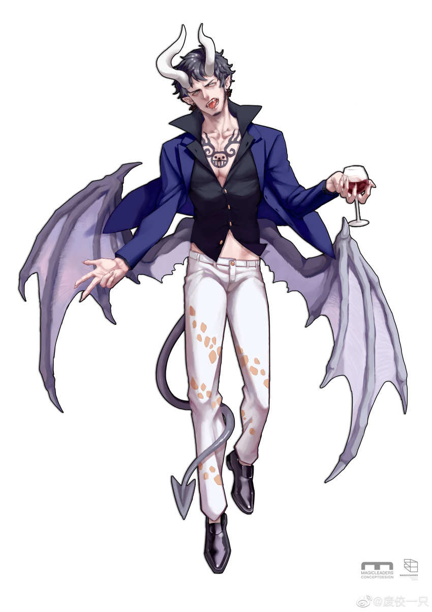 1boy absurdres alcohol black_footwear black_hair black_shirt blue_jacket buttons chest_tattoo collarbone cup demon_horns demon_tail demon_wings drinking_glass earrings fangs feijio_yizhi fingernails forked_tongue full_body highres holding holding_cup horns jacket jewelry long_sleeves looking_at_viewer male_focus midriff_peek one_piece pants pectoral_cleavage pectorals pointy_ears popped_collar sharp_fingernails sharp_teeth shirt simple_background solo tail tattoo teeth tongue trafalgar_law weibo_logo white_background white_horns white_pants wine wine_glass wings