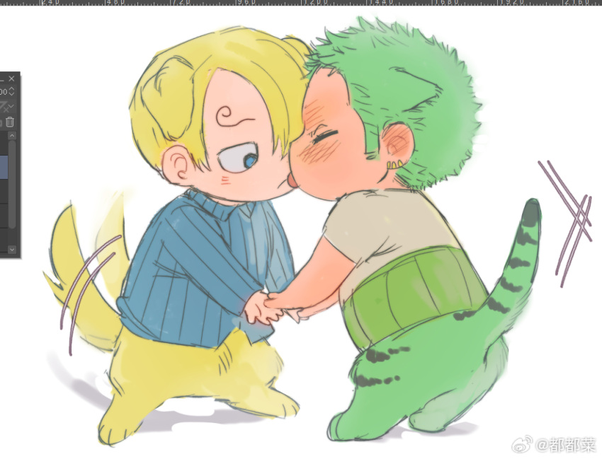 2boys animal_ears art_program_in_frame blonde_hair centauroid couple curly_eyebrows deformed dog_boy dog_ears dog_tail facial_hair full_body goatee green_hair hair_over_one_eye licking_lips male_focus multiple_boys one_piece roronoa_zoro sanji_(one_piece) scar scar_across_eye short_hair sweetdou3 tail tail_wagging taur tiger_boy tiger_ears tiger_tail tongue tongue_out yaoi yellow_fur