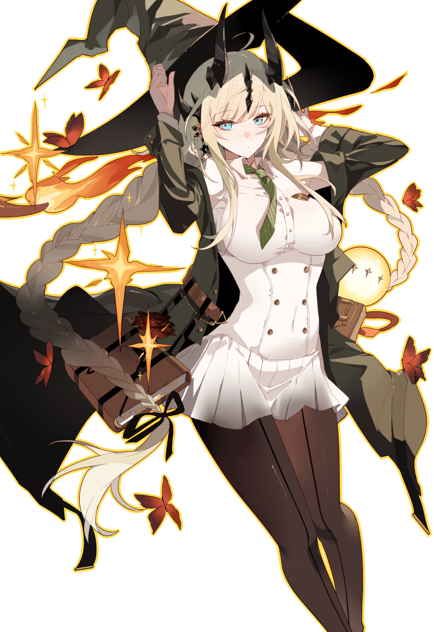 1girl absurdres arknights black_coat black_pantyhose black_ribbon blonde_hair blue_eyes book braid breasts bug butterfly coat collared_shirt dragon_girl dragon_horns earrings flower green_necktie hair_ribbon hands_up hat highres horns jewelry long_hair long_sleeves looking_at_viewer meng_ziya miniskirt necktie pantyhose reed_(arknights) reed_the_flame_shadow_(arknights) reed_the_flame_shadow_(curator)_(arknights) ribbon shirt sidelocks simple_background skirt solo twin_braids white_background white_shirt white_skirt witch_hat