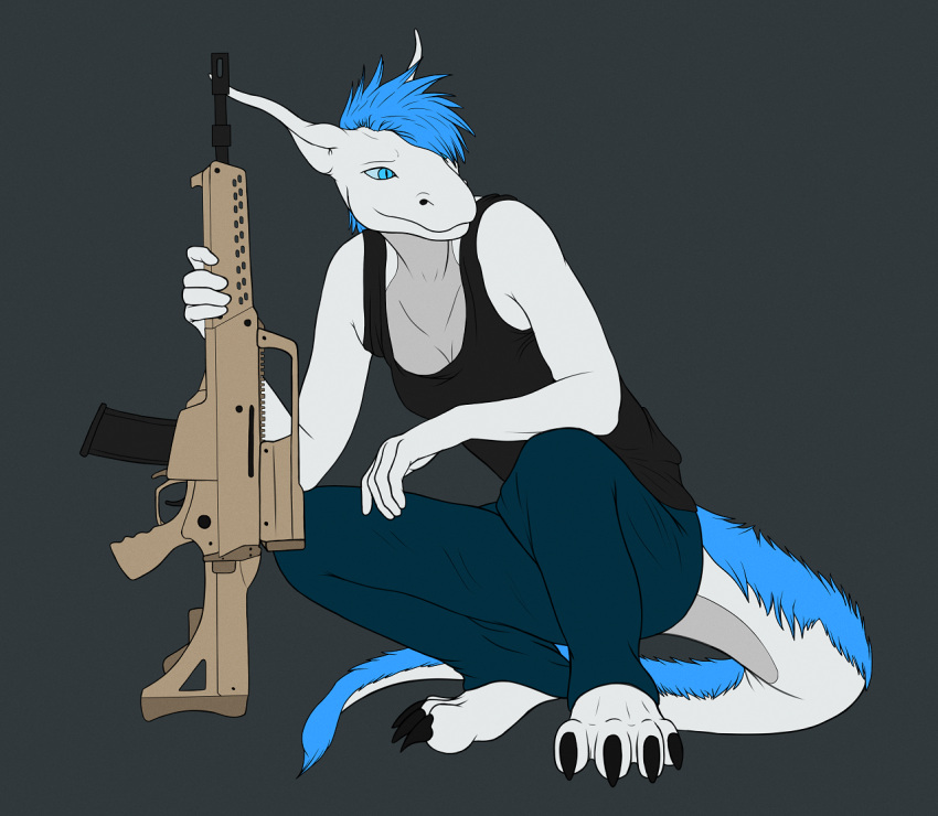 anthro assault_rifle breasts christa_(rebeldragon101) claws cleavage clothed clothing dragon feet female fx-05_xiuhcoatl gun hair long_ears long_hair mane mane_hair paws ranged_weapon rebeldragon101 rifle shirt small_breasts solo sweatpants tail tail_tuft tank_top thick_tail toes topwear tuft weapon