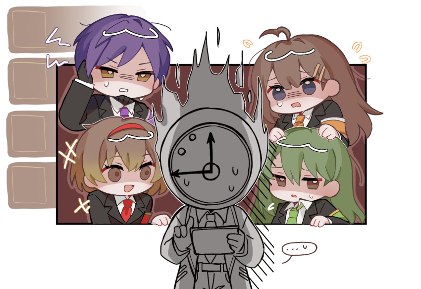 1other 2boys 2girls ahoge black_gloves black_jacket blue_eyes brown_eyes brown_hair clock collared_shirt dante_(limbus_company) fire gloves green_hair green_necktie highres hod_(project_moon) jacket limbus_company lobotomy_corporation malkuth_(project_moon) multiple_boys multiple_girls necktie netzach_(project_moon) object_head project_moon purple_hair red_necktie ryo_(pvplispulang) shirt short_hair simple_background v white_background white_shirt yesod_(project_moon)