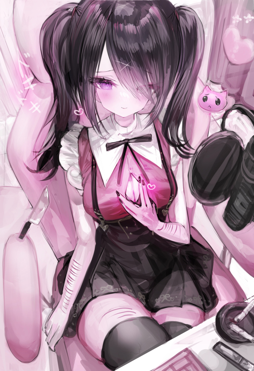 1girl absurdres ame-chan_(needy_girl_overdose) black_hair black_nails black_ribbon black_skirt black_thighhighs blush breasts cat chair cleavage closed_mouth collared_shirt commentary_request cuts emoji from_above gaming_chair hair_ornament hair_over_one_eye heart highres indoors injury knife long_hair looking_at_viewer medium_breasts nail_polish neck_ribbon needy_girl_overdose on_chair partially_unbuttoned pien_cat_(needy_girl_overdose) pink_background pink_eyes pleading_face_emoji red_shirt ribbon scar scar_on_arm scar_on_leg self-harm self-harm_scar shirt sitting skirt smile solo suspender_skirt suspenders swivel_chair thighhighs translation_request twintails wrist_cutting x_hair_ornament yunara