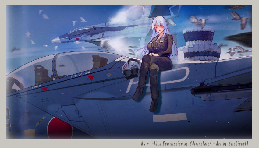 1girl absurdres aim-9_sidewinder aircraft airplane armor bird blue_sky blush breasts canopy_(aircraft) cloud day f-15j_eagle fighter_jet flying helmet highres japan_air_self-defense_force japan_self-defense_force jet large_breasts long_hair looking_at_viewer military military_vehicle missile mobius_(suicideloli) multiple_aircraft original outdoors pilot pilot_helmet pilot_suit red_eyes roundel sky smoke solo too_many too_many_birds tower weapon white_hair
