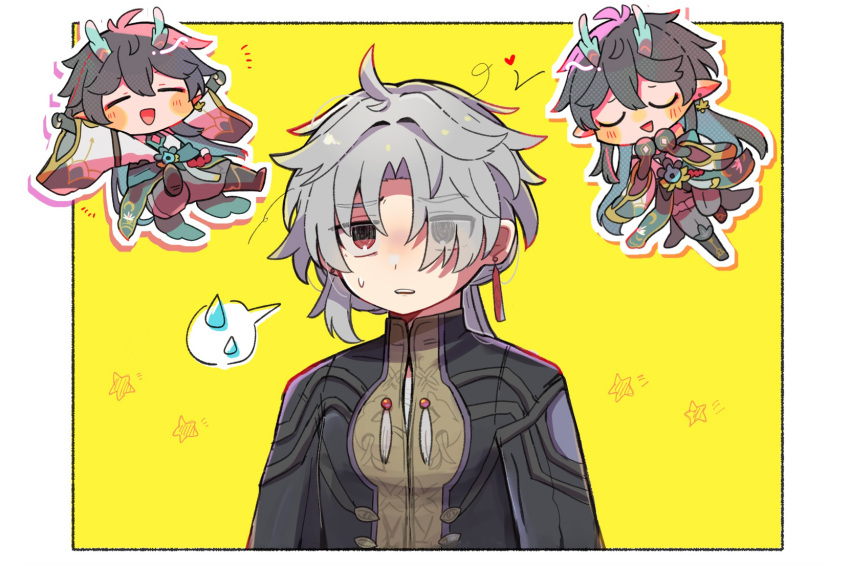 3boys :d =_= @_@ aqua_horns arms_up black_coat black_hair blush_stickers boots border chibi chibi_inset closed_eyes coat collared_coat commentary_request dan_heng_(honkai:_star_rail) dan_heng_(imbibitor_lunae)_(honkai:_star_rail) earrings eyeliner eyes_visible_through_hair full_body gloom_(expression) gloves grey_hair grey_pants hair_over_one_eye hands_up happy hara_(nanohara) heart highres honkai:_star_rail honkai_(series) horns invisible_chair jewelry knee_boots knees_together_feet_apart leaning_back leg_up legs_up long_hair long_sleeves makeup male_focus multiple_boys multiple_views no_nose open_clothes open_coat open_mouth outline outstretched_arms own_hands_together pants parted_lips pointy_ears ponytail red_eyeliner shirt simple_background single_earring sitting smile spoken_sweatdrop spread_legs standing standing_on_one_leg star_(symbol) sweat sweatdrop tassel u_u upper_body very_long_hair white_background white_border white_outline yellow_background yellow_shirt yingxing_(honkai:_star_rail)