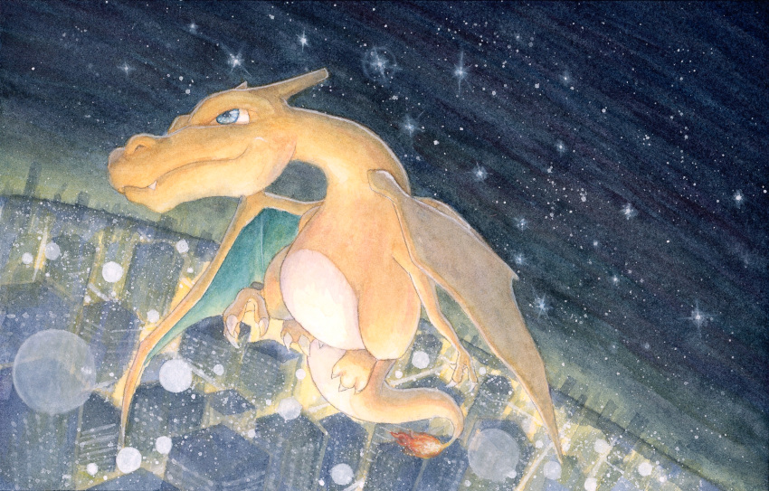 animal_focus aotake_tomo blue_eyes charizard city claws closed_mouth fang flame-tipped_tail flying highres light_particles night night_sky no_humans outdoors painting_(medium) pokemon pokemon_(creature) sky solo star_(sky) traditional_media watercolor_(medium)