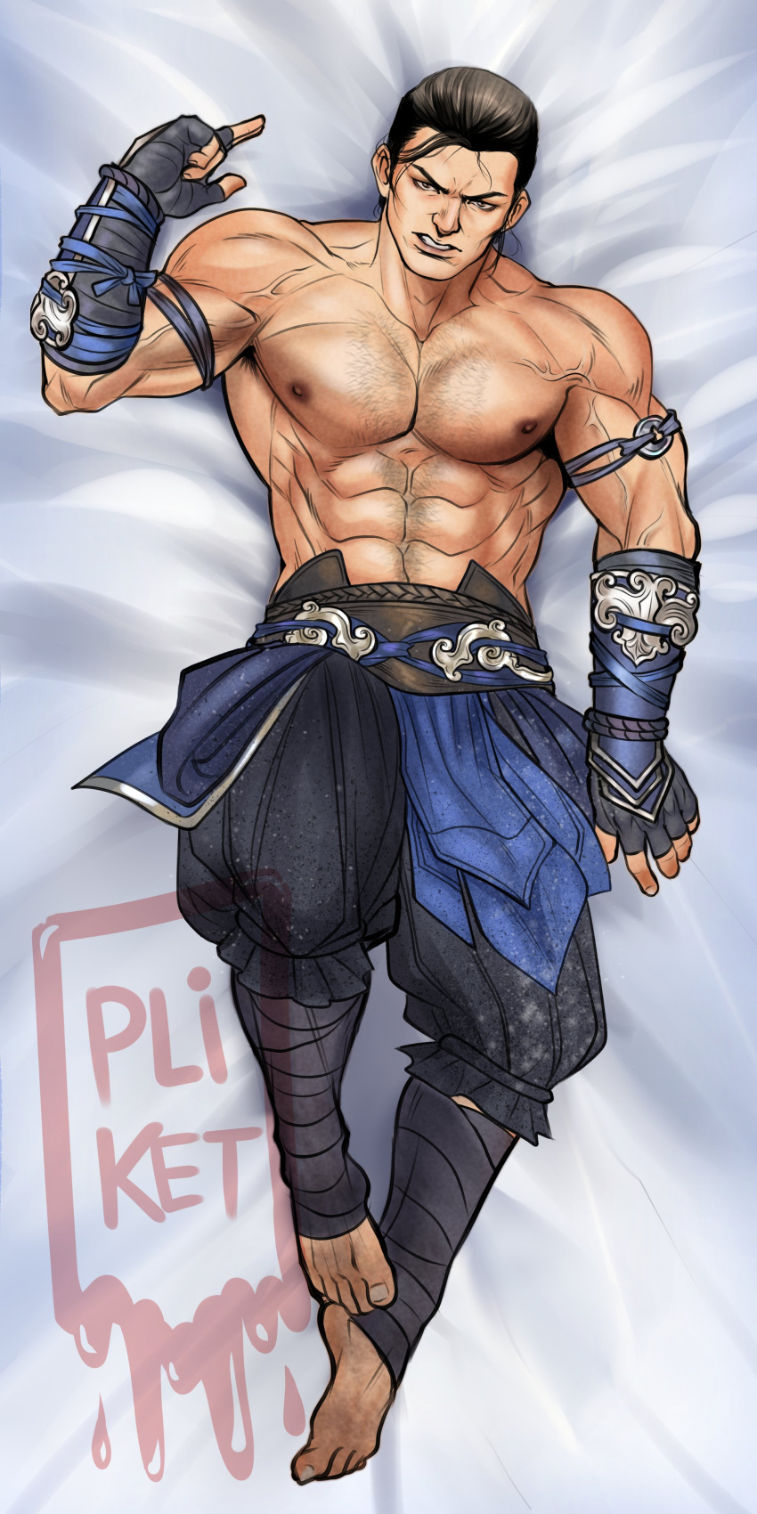 1boy abs absurdres armpit_hair armpit_hair_peek bara beard_stubble bed_sheet bi-han dakimakura_(medium) from_above frown full_body highres large_pectorals looking_at_viewer lying male_focus mature_male mortal_kombat_(series) mortal_kombat_1_(2023) muscular muscular_male navel_hair nipples on_back pectorals sanpaku solo sparse_chest_hair sub-zero tazahan thick_eyebrows topless_male tsurime