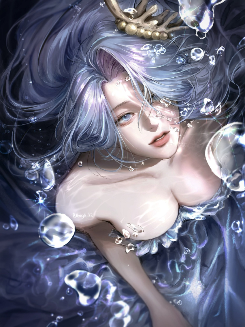 1girl blue_dress blue_eyes blue_hair caustics colored_eyelashes comb_over commentary cookie_run coral_hair_ornament dang0_23 dress earrings english_commentary from_above full_body full_moon highres holding holding_sword holding_weapon humanization jewelry liquid_clothes liquid_hair long_hair looking_at_viewer mermaid_dress moon motion_blur parted_lips pearl_earrings pearl_hair_ornament realistic sea_fairy_cookie sky solo star_(sky) starry_sky strapless strapless_dress sword teeth upper_teeth_only water_dress weapon