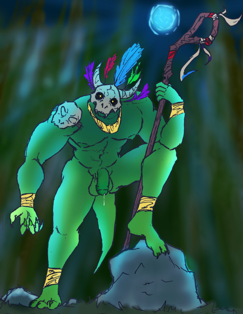 anthro bodily_fluids cum cum_drip dripping forest gaygoat genital_fluids hi_res male mask pecs plant scalie skull_mask solo staff terraria tree witch_doctor_(terraria)