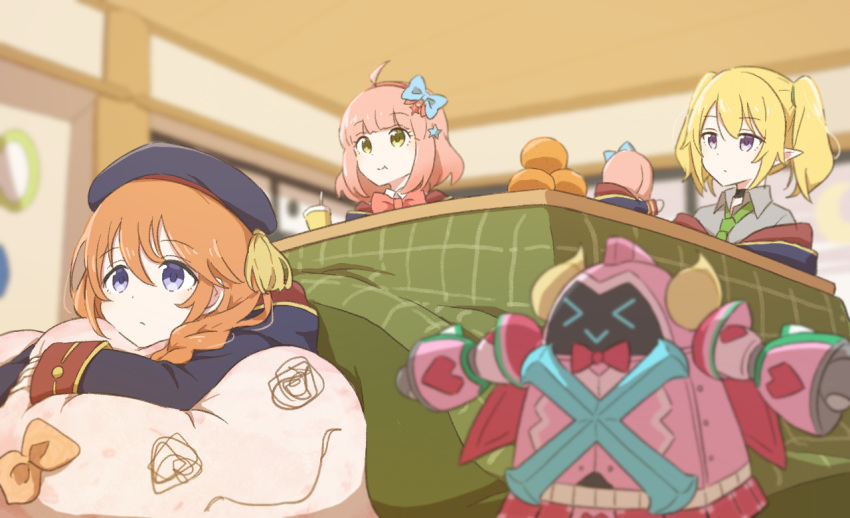 3girls :t ahoge beret black_choker blonde_hair blurry blurry_background blurry_foreground bow bowtie braid chieru_(princess_connect!) chloe_(princess_connect!) choker collared_shirt food fruit fujiyama_(yellow) green_necktie hair_bow hairband hat indoors kotatsu long_hair long_sleeves looking_ahead lying mandarin_orange multiple_girls necktie off_shoulder on_stomach orange_hair pink_hair pointy_ears princess_connect! purple_eyes red_bow red_bowtie shirt short_hair sidelocks sitting table toy toy_robot twintails under_kotatsu under_table yellow_eyes yuni_(princess_connect!)