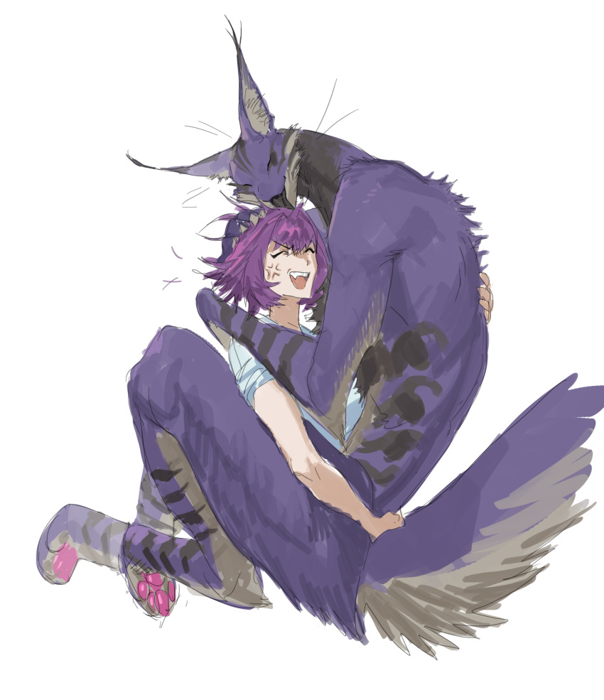 1girl 1other absurdres anger_vein animal_ears animal_feet black_tongue blue_shirt body_fur carrying carrying_person closed_eyes colored_teeth cropped_legs digitigrade full_body furrowed_brow furry hand_on_another's_head hands_up highres leviair licking licking_another's_head open_mouth original purple_fur purple_hair shirt short_hair short_sleeves simple_background solo tail tongue tongue_out whiskers white_background