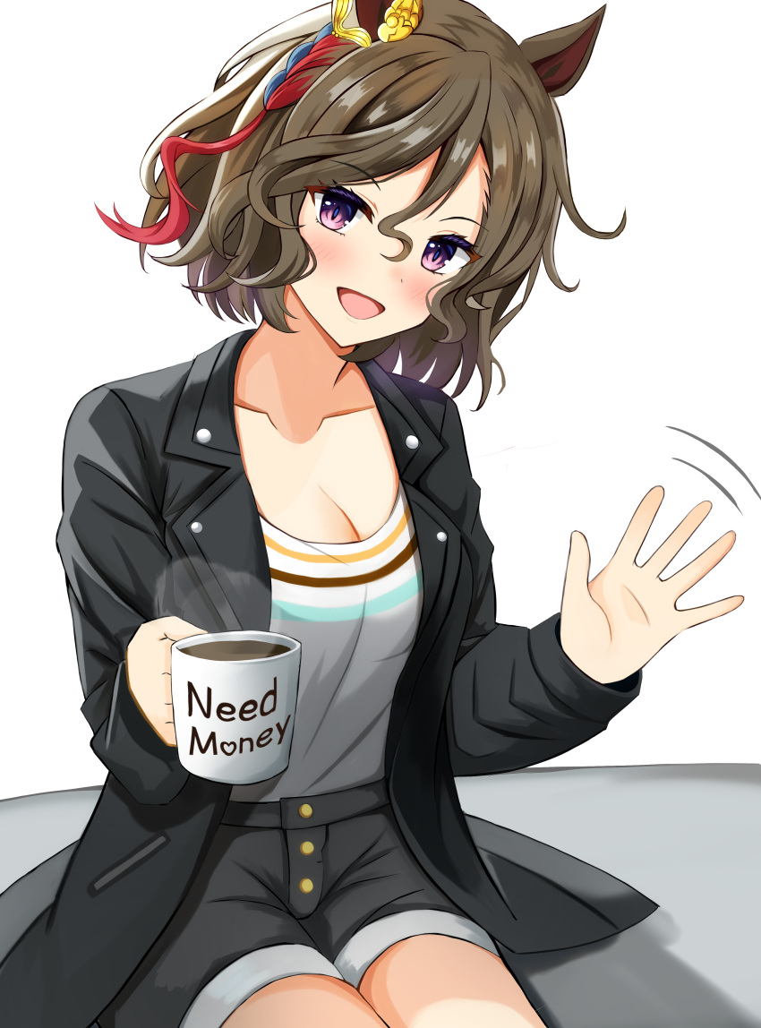 1girl absurdres animal_ears black_jacket black_shorts blue_hair blush braid breasts coffee_mug commentary_request cup ear_ornament grey_shirt hair_between_eyes highres holding holding_cup horse_ears horse_girl jacket looking_at_viewer medium_breasts motion_lines mug multicolored_hair open_mouth purple_eyes red_hair shirt short_hair shorts simple_background single_braid sitting sky_wing12 smile solo steaming_food streaked_hair tap_dance_city_(umamusume) umamusume waving white_background