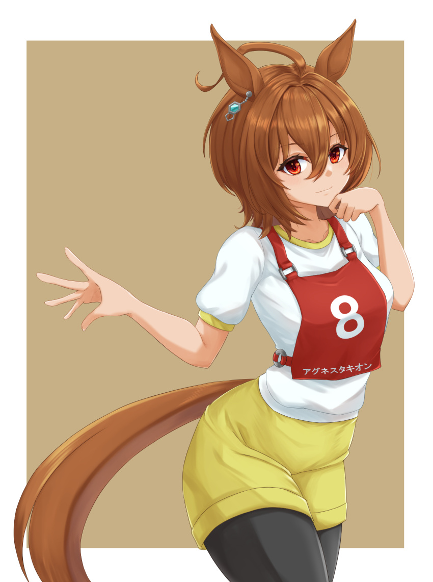 1girl agnes_tachyon_(umamusume) ahoge animal_ears black_pantyhose brown_background brown_hair character_name closed_mouth commentary cowboy_shot earrings gym_shirt gym_shorts gym_uniform hand_to_own_mouth highres horse_ears horse_girl horse_tail jewelry kemuri_(etep3372) looking_at_viewer pantyhose pantyhose_under_shorts race_bib red_eyes shirt short_hair short_sleeves shorts single_earring smile solo standing t-shirt tail translated umamusume white_shirt yellow_shorts