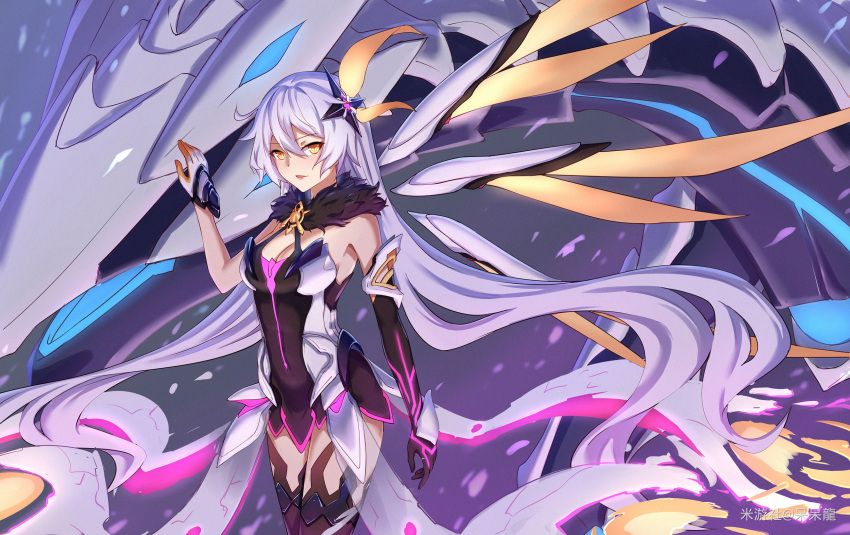 1girl :d ahoge asymmetrical_gloves bare_shoulders benares_(honkai_impact) black_footwear black_gloves boots breasts cleavage daidailong dragon gloves hair_ornament highres honkai_(series) honkai_impact_3rd kiana_kaslana kiana_kaslana_(herrscher_of_the_void) long_hair looking_at_viewer mismatched_gloves open_mouth smile solo thigh_boots very_long_hair white_gloves white_hair yellow_eyes