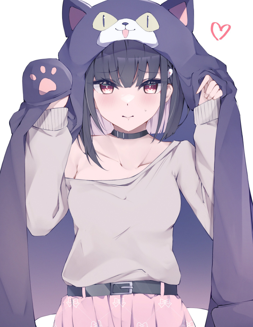 1girl absurdres animal_ears animal_hands black_choker black_hair blanket blue_archive blunt_ends blush breasts casual cat_ears cat_paws choker collarbone colored_inner_hair cowboy_shot frown grey_sweater hair_ornament hairclip heart highres hojiro_same kazusa_(blue_archive) long_sleeves looking_at_viewer medium_breasts multicolored_hair navel nervous_smile off-shoulder_sweater off_shoulder pink_hair red_eyes short_hair simple_background skirt smile solo sweatdrop sweater two-tone_hair wavecat_(blue_archive) white_background