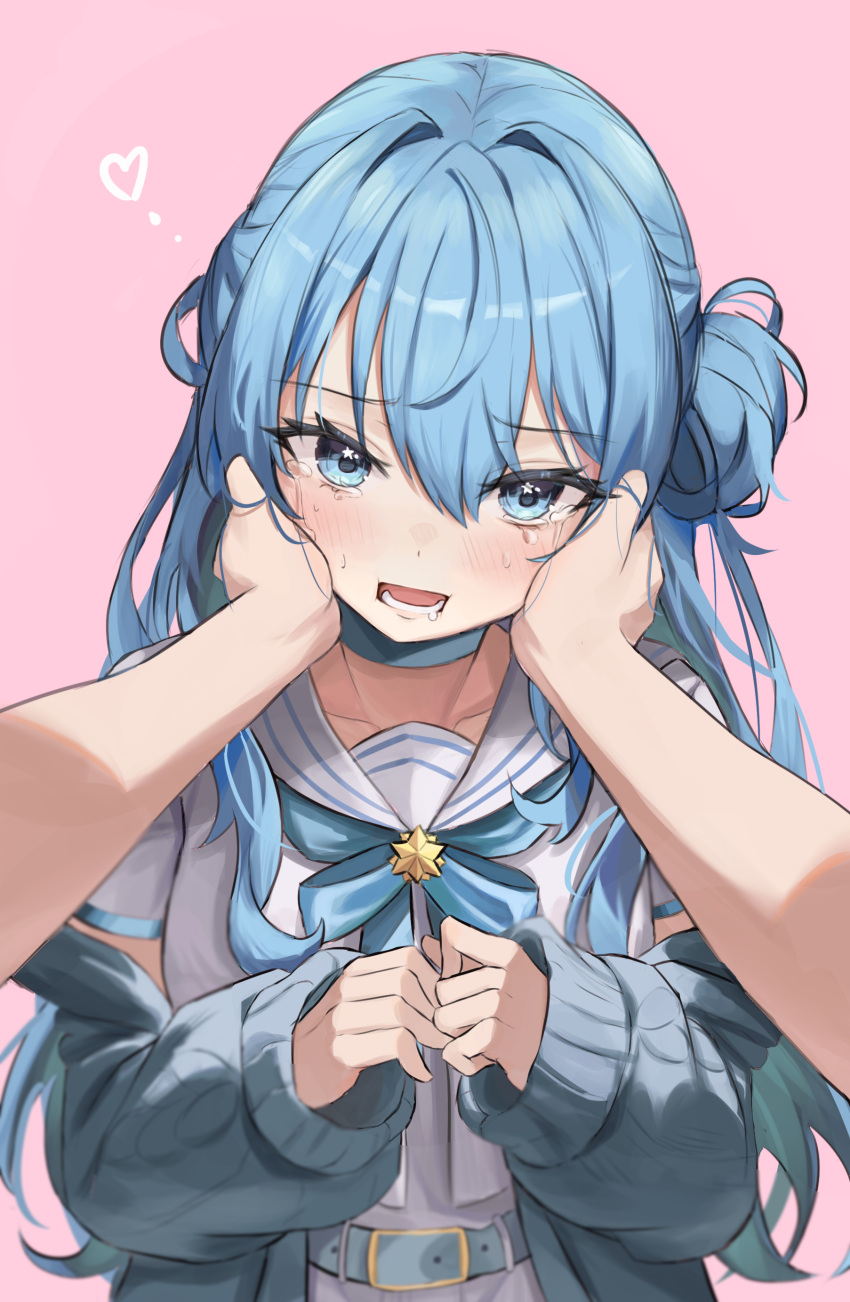 1girl 1other absurdres belt blue_belt blue_bow blue_bowtie blue_choker blue_eyes blue_hair blush bow bowtie cardigan choker commentary crying crying_with_eyes_open grey_cardigan hair_between_eyes hair_bun hands_on_another's_cheeks hands_on_another's_face heart highres hoangryu hololive hoshimachi_suisei hoshimachi_suisei_(school_uniform) long_hair long_sleeves looking_at_viewer lower_teeth_only official_alternate_costume open_cardigan open_clothes open_mouth pink_background pov pov_hands sailor_collar school_uniform serafuku shirt sidelocks single_side_bun solo_focus star_(symbol) star_in_eye symbol-only_commentary symbol_in_eye tears teeth upper_body virtual_youtuber white_sailor_collar white_serafuku white_shirt