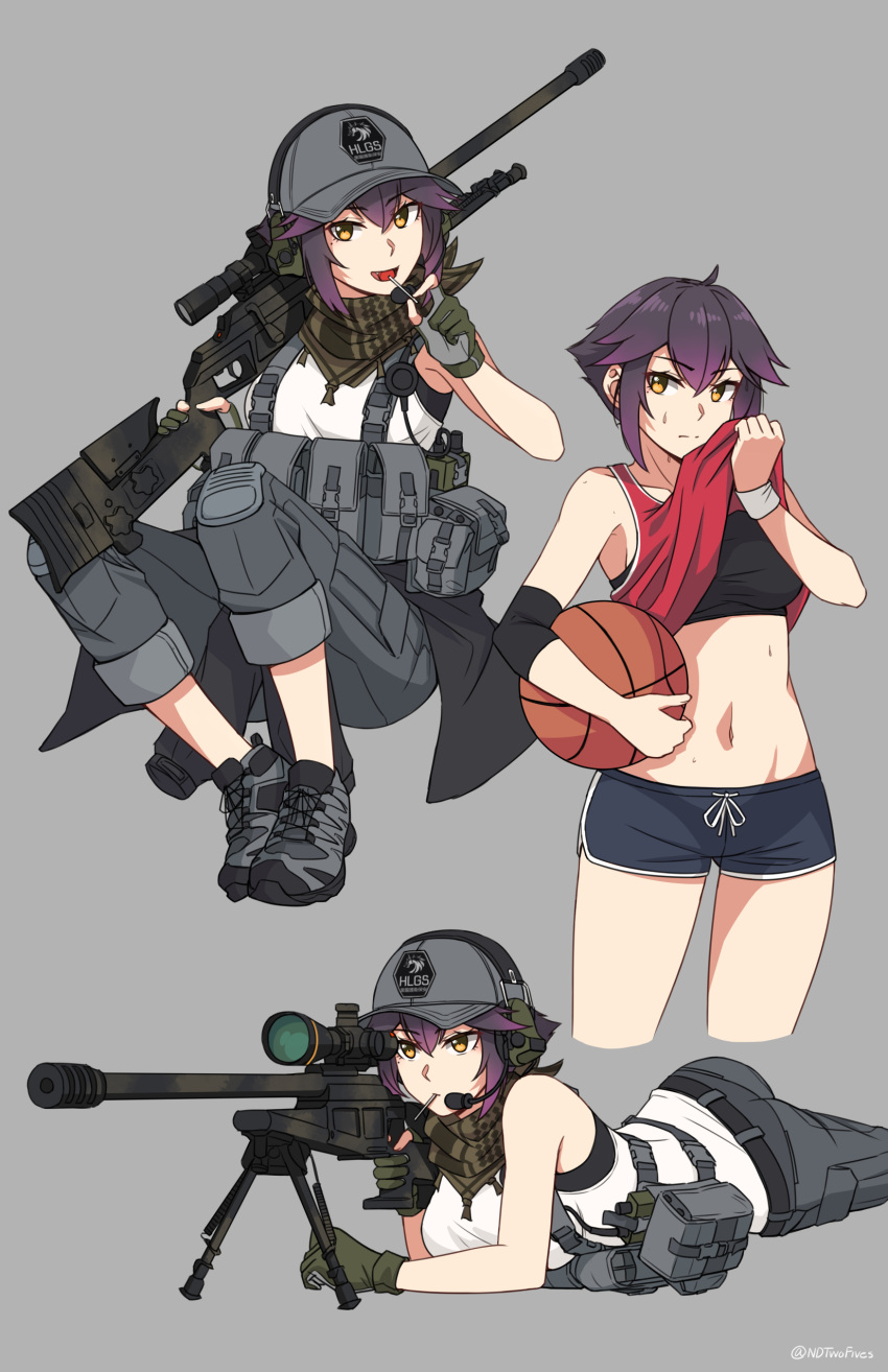 1girl :d absurdres bare_shoulders baseball_cap black_hair black_jacket black_shorts blaser_r93 bolt_action breasts candy closed_mouth clothes_around_waist commentary_request cropped_legs dolphin_shorts ear_protection fang food food_in_mouth gradient_hair grey_background grey_footwear grey_headwear grey_pants gun hair_between_eyes hat highres holding holding_candy holding_food holding_gun holding_lollipop holding_weapon jacket jacket_around_waist knees_up lollipop lying medium_breasts multicolored_hair multiple_views navel ndtwofives on_stomach orange_eyes original pants purple_hair red_tank_top rifle scope shoes short_shorts shorts simple_background smile sniper_rifle sweat tank_top twitter_username weapon