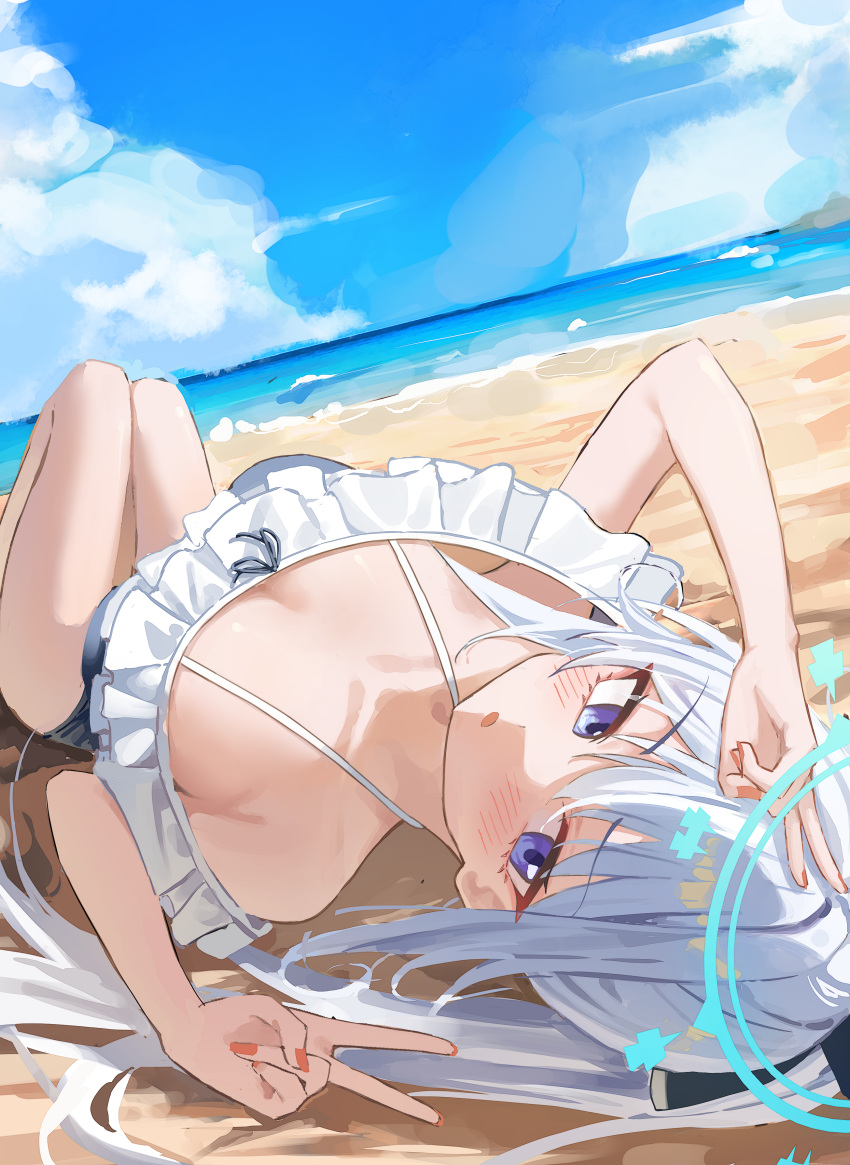 1girl absurdres alpha_beast bare_arms bare_legs bare_shoulders beach black_one-piece_swimsuit blue_archive blue_halo blush casual_one-piece_swimsuit commentary day frilled_one-piece_swimsuit frills grey_hair halo highres long_hair miyako_(blue_archive) miyako_(swimsuit)_(blue_archive) ocean off-shoulder_one-piece_swimsuit off_shoulder official_alternate_costume official_alternate_hairstyle one-piece_swimsuit open_mouth outdoors ponytail purple_eyes solo swimsuit