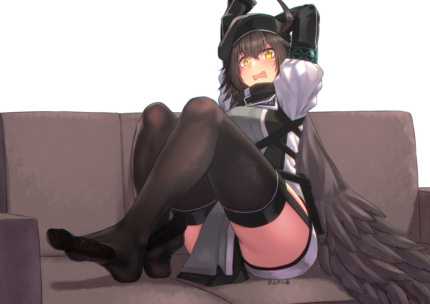 1girl ahoge arknights ass beret bird_girl black_gloves black_headwear black_thighhighs blush brown_hair cloak commentary_request couch crossed_ankles feather_cape feather_hair feet garter_straps gloves grey_shirt hair_between_eyes hat highres infection_monitor_(arknights) looking_at_viewer no_shoes on_couch open_mouth plume_(arknights) shirt sitting solo thighhighs thighs twitter_username wavy_mouth yamauchi_(conan-comy) yellow_eyes