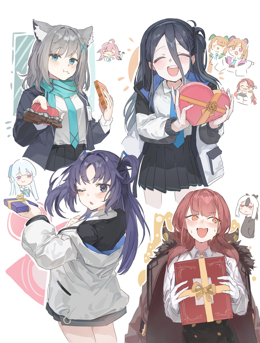 6+girls absurdres aris_(blue_archive) aru_(blue_archive) black_hair blonde_hair blue_archive blue_eyes blush closed_eyes closed_mouth eating food food_on_face grey_hair highres hoshino_(blue_archive) kayoko_(blue_archive) long_hair medium_hair midori_(blue_archive) momoi_(blue_archive) multiple_girls noa_(blue_archive) open_mouth pink_hair purple_eyes purple_hair red_eyes robizou_(robizou285) shiroko_(blue_archive) short_hair siblings sisters smile twins valentine yellow_eyes yuuka_(blue_archive) yuzu_(blue_archive)