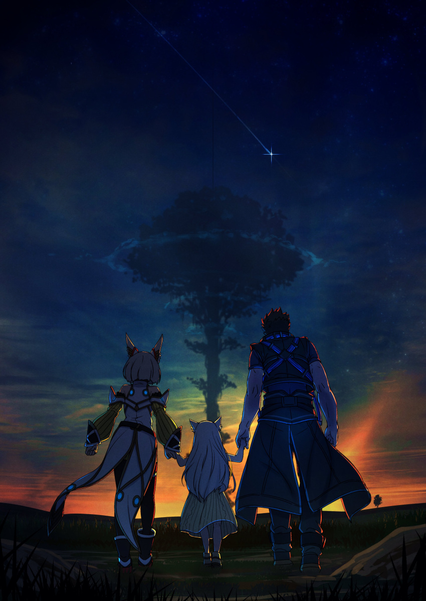 1boy absurdres animal_ears cat_ears dress evening family father_and_daughter from_behind giant_tree highres holding_hands husband_and_wife long_hair mio_(xenoblade) mother_and_daughter nia_(xenoblade) night night_sky poteto_(potetosarada123) rex_(xenoblade) shooting_star sky star_(sky) tree xenoblade_chronicles_(series) xenoblade_chronicles_3 xenoblade_chronicles_3:_future_redeemed