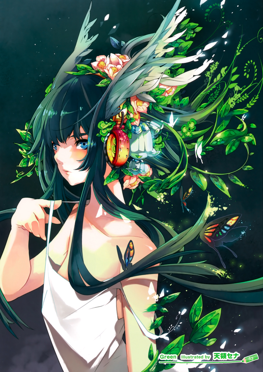 absurdres bangs bare_arms bare_shoulders black_background black_hair blue_eyes breasts bug butterfly dissolving floating_hair flower from_side glowing_butterfly green_hair hair_flower hair_ornament head_wings headphones highres insect light_particles parted_lips pink_flower plant saya saya_no_uta small_breasts solo strap_lift strap_slip tenryou_sena upper_body vines