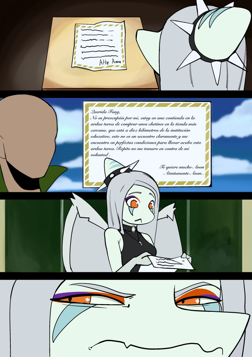 4koma absurd_res alipse amber_eyes anon_(snoot_game) bald cavemanon_studios comic duo facial_markings fang_(gvh) female goodbye_volcano_high hair head_markings hi_res letter male markings silver_hair snoot_game snout wings