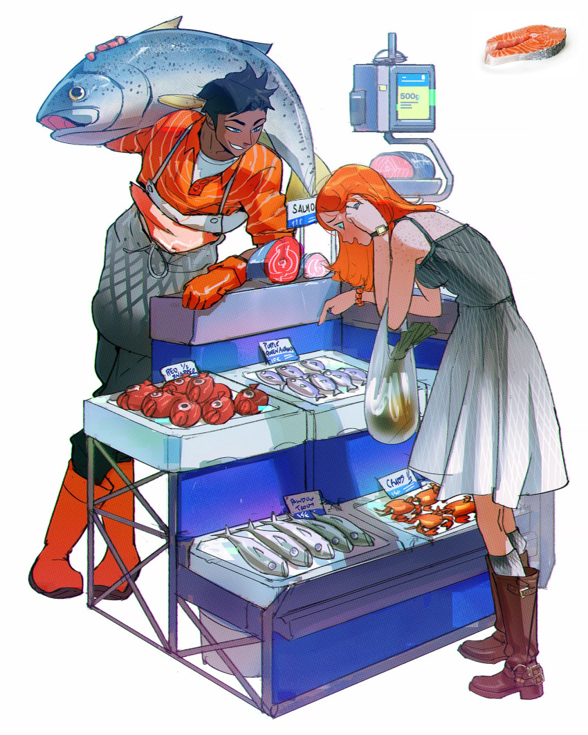 adjusting_hair animal arm_rest bag black_hair black_pants blue_eyes blush body_freckles boots brown_footwear counter crab dark-skinned_male dark_skin dress english_text fish freckles full_body gloves gradient_dress grey_dress grey_socks grin grocery_bag highres holding holding_animal holding_bag holding_fish leaning_forward long_hair looking_at_another open_mouth orange_footwear orange_gloves orange_hair orange_shirt original pants photo_inset pointing pointing_down ramon_nunez red_snapper reference_inset salmon shirt shopping_bag sign simple_background sleeves_rolled_up smile socks spring_onion standing strap striped_clothes striped_shirt trout unbuttoned unbuttoned_shirt undershirt watch weighing_scale white_background wristwatch
