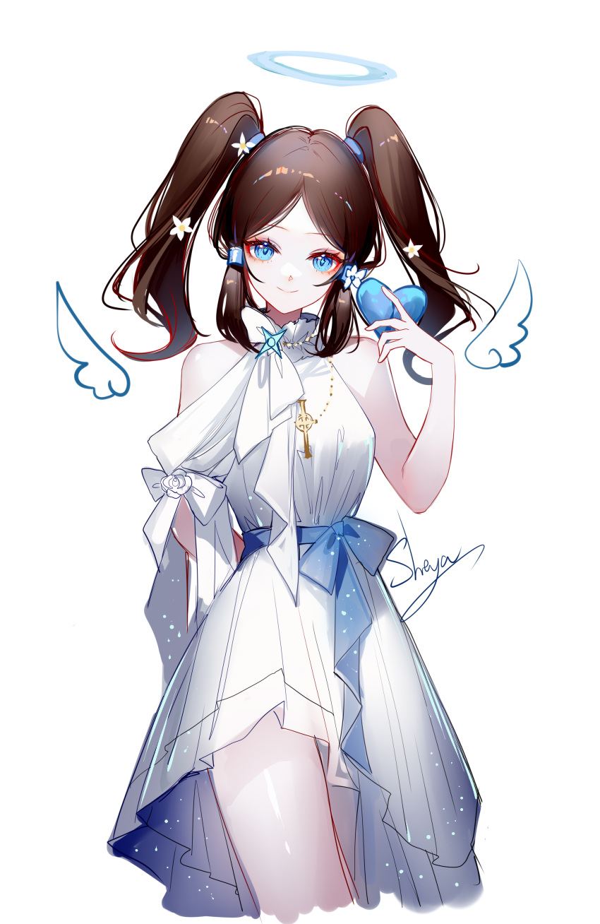 1girl absurdres artist_name bare_shoulders blue_sash commentary_request cowboy_shot dress halo highres sash sheya signature solo standing the_binding_of_isaac twintails white_dress