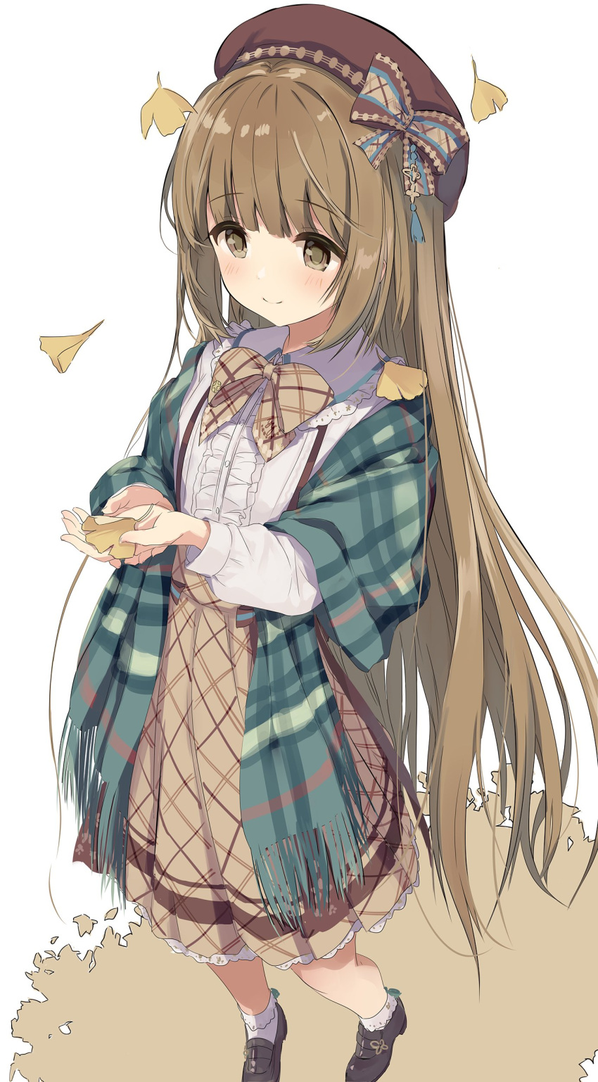 1girl absurdres blunt_bangs blush bow bowtie breasts brown_bow brown_bowtie brown_eyes brown_hair brown_headwear brown_skirt closed_mouth dot_nose falling_leaves frilled_ribbon frills from_above full_body ginkgo_leaf green_scarf hands_up hat hat_ribbon highres holding holding_leaf idolmaster idolmaster_cinderella_girls idolmaster_cinderella_girls_starlight_stage lace-trimmed_shirt lace-trimmed_skirt lace_trim leaf loafers long_hair long_sleeves looking_at_another nimura_yuuji plaid plaid_bow plaid_bowtie plaid_scarf plaid_skirt ribbon scarf shirt shoes skirt small_breasts smile socks solo standing suspender_skirt suspenders two-tone_ribbon very_long_hair white_shirt white_socks yorita_yoshino