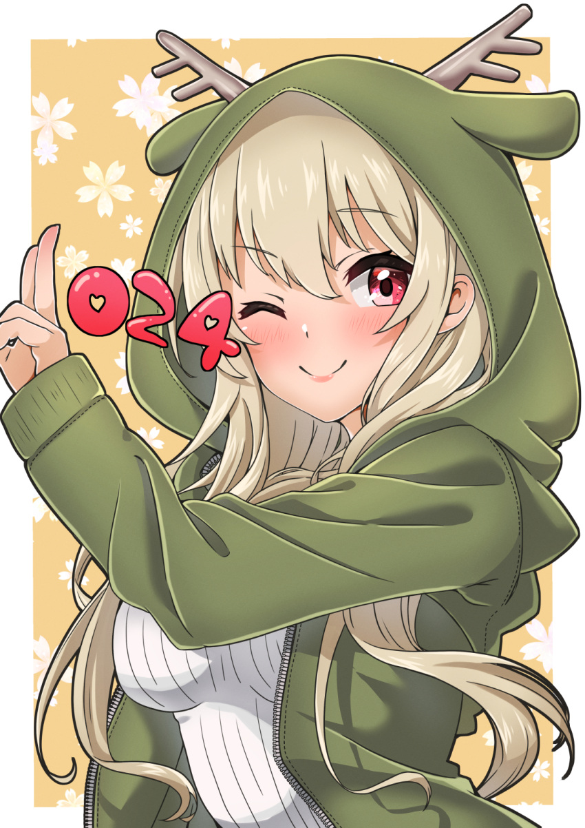 1girl 2024 animal_ears animal_hood blonde_hair blush chinese_zodiac dragon_hood dragon_horns fake_animal_ears fake_horns hand_up highres hood hood_up hoodie horned_hood horns long_hair looking_at_viewer one_eye_closed original red_eyes smile solo year_of_the_dragon yotsuba_ichinose