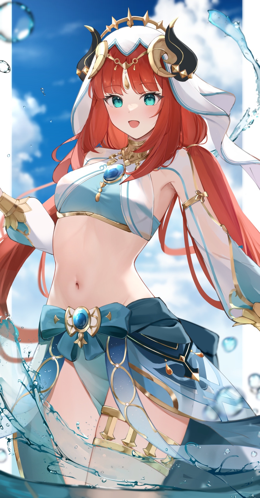 1girl absurdres blue_gemstone blue_sky blurry bracer breasts circlet cloud cowboy_shot day depth_of_field fake_horns gem genshin_impact gold_trim harem_outfit highres horns jewelry kirishe1101 long_hair long_sleeves looking_at_viewer medium_breasts midriff navel neck_ring nilou_(genshin_impact) open_mouth outdoors puffy_long_sleeves puffy_sleeves red_hair sky smile solo stomach thighlet veil white_headdress white_veil