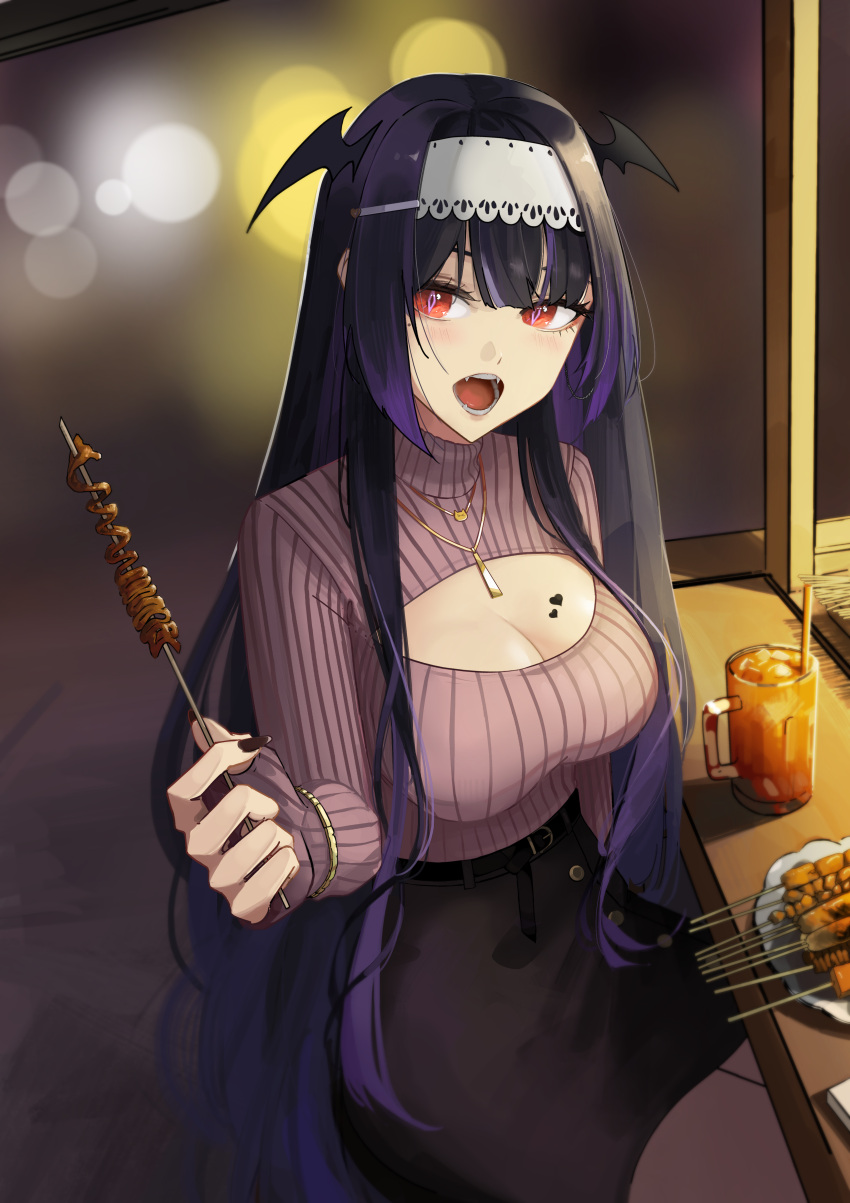 1girl absurdres belt black_belt black_hair black_skirt black_wings breast_tattoo breasts brown_nails cleavage cleavage_cutout clothing_cutout commentary cup demon_girl demon_wings drink drinking_straw fangs food grey_sweater hairband head_wings heart heart_tattoo highres holding holding_food holding_skewer ice ice_cube indie_virtual_youtuber jewelry large_breasts long_hair long_sleeves looking_at_viewer multicolored_hair mythia_batford necklace open_mouth pencil_skirt purple_hair red_eyes sidelocks sitting skewer skirt solo streaked_hair sweater tattoo turtleneck turtleneck_sweater upper_body virtual_youtuber weliped white_hairband wings
