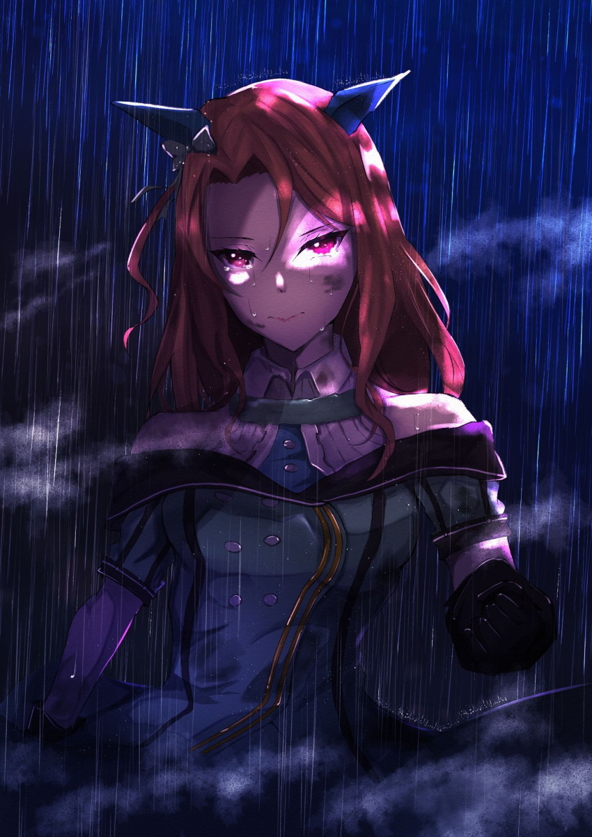 1girl black_gloves brown_hair dirty dirty_clothes dirty_face dress ear_covers gloves green_dress highres horse_girl king_halo_(umamusume) kisaragi1304 looking_at_viewer medium_hair rain smile solo tears umamusume upper_body