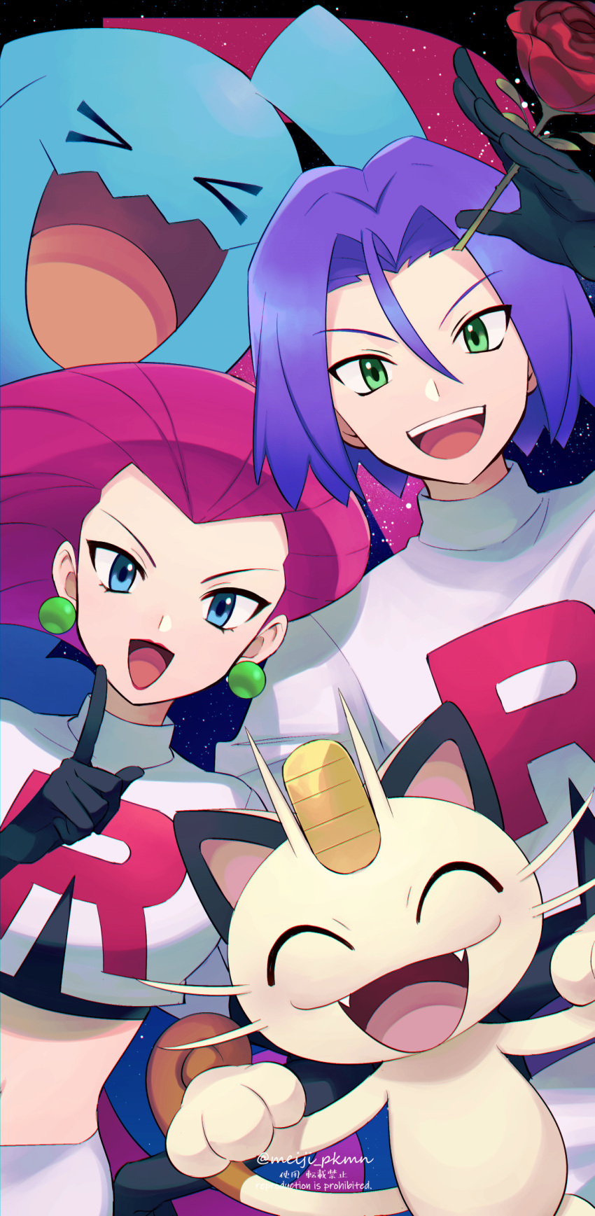 1boy 1girl :d black_gloves black_shirt blue_eyes commentary_request cropped_jacket earrings gloves green_eyes hair_between_eyes highres index_finger_raised jacket james_(pokemon) jessie_(pokemon) jewelry logo long_hair meiji_ken meowth open_mouth pokemon pokemon_(anime) pokemon_(classic_anime) pokemon_(creature) purple_hair shirt smile team_rocket team_rocket_uniform teeth tongue upper_teeth_only white_jacket wobbuffet