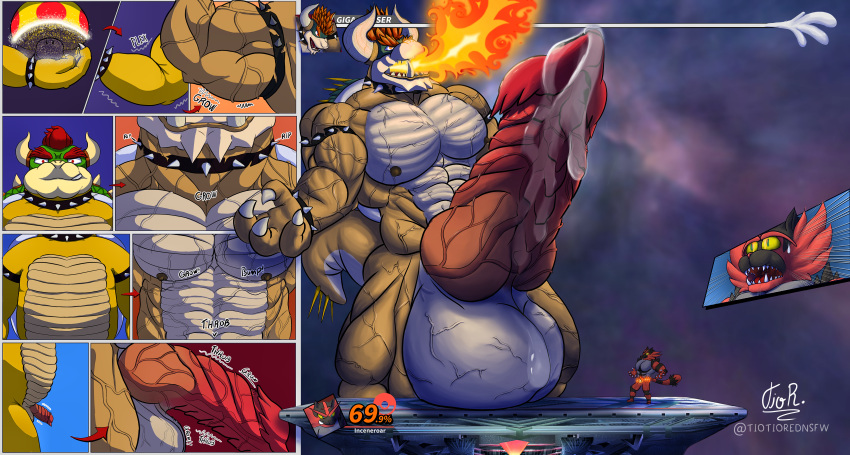 abs absurd_res alternate_version_at_source anthro arm_growth artist_name balls biceps big_balls big_muscles big_pecs big_penis bodily_fluids body_size_growth boss_battle bowser bracelet cel_shading claws clothing collar colored comic cosmic_background detailed_background digital_drawing_(artwork) digital_media_(artwork) duo english_text erection excessive_genital_fluids excessive_precum expansion felid feline fingers fire fungus fur gameplay_mechanics generation_7_pokemon genital_fluids genital_growth genitals giga_mushroom growth growth_lines growth_orgasm growth_sequence gui hair health_bar hi_res horn huge_balls huge_penis hyper hyper_balls hyper_genitalia hyper_penis incineroar interface jewelry knot koopa limb_growth macro male mammal mario_bros muscle_growth muscular muscular_anthro muscular_growth muscular_male mushroom neck_growth nintendo nipples nude onomatopoeia open_mouth orgasm outside pecs penis penis_growth pokemon pokemon_(species) precum red_body red_fur red_hair scalie shaded shell signature simple_background size_difference size_transformation smile sound_effects space spiked_collar spikes surprised_expression tail teeth text thorns throbbing tiotiored torn_clothing transformation transformation_sequence vein veiny_abs veiny_arms veiny_balls veiny_knot veiny_legs veiny_muscles veiny_penis video_game_reference wet widescreen yellow_body