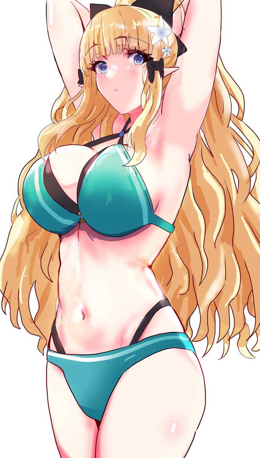 1girl absurdres aqua_bikini armpits arms_behind_head arms_up bare_shoulders bikini black_bikini black_bow blonde_hair blue_eyes blush bow breasts cleavage ekaki_kukuma elf flower hair_bow hair_flower hair_ornament highres large_breasts layered_bikini long_hair looking_at_viewer navel pointy_ears ponytail princess_connect! saren_(princess_connect!) saren_(summer)_(princess_connect!) sidelocks swimsuit thighs