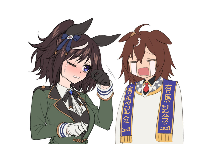 2girls ahoge animal_ears asymmetrical_gloves black_bow black_bowtie black_gloves blue_bow blue_eyes blue_gemstone bow bowtie brown_hair commentary crying do_deuce_(racehorse) ear_bow ear_covers ears_down fukuro_(maruaru00) gem genderswap genderswap_(mtf) gloves green_jacket hair_between_eyes highres horse_ears horse_girl jacket long_sleeves mismatched_gloves multiple_girls necktie one_eye_closed one_side_up original personification red_necktie short_necktie simple_background streaming_tears tears titleholder_(racehorse) umamusume unfinished upper_body white_background white_gloves